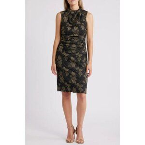 Vince Camuto Women's Black Gold Ruched Metallic Leaf Print Mini Dress Size 8